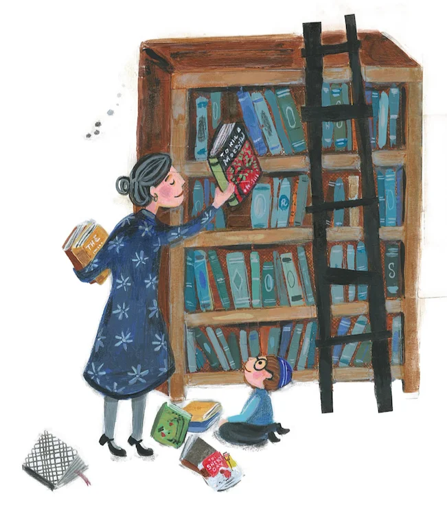 An illustration of a woman shelving books as a child looks on