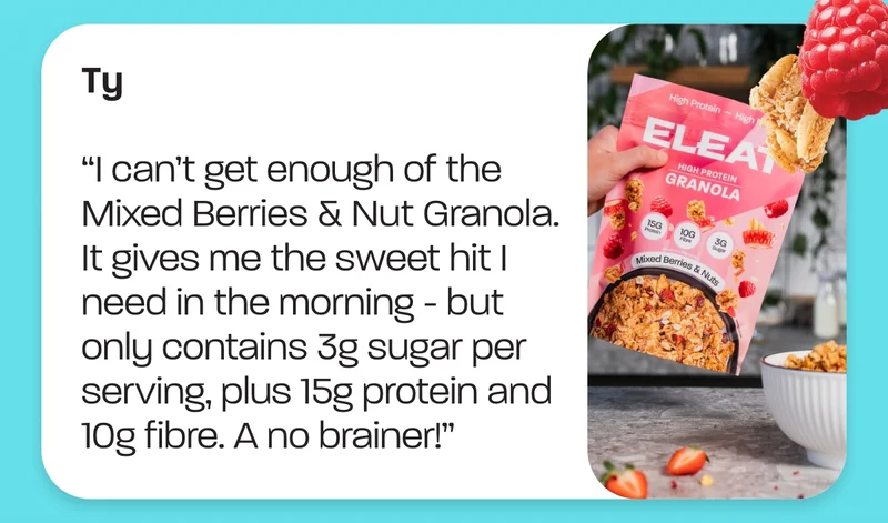 Ty. “I can’t get enough of the Mixed Berries & Nut Granola. It gives me the sweet hit I need in the morning – but only contains 3g sugar per serving, plus 15g protein and 10g fibre. A no brainer!”