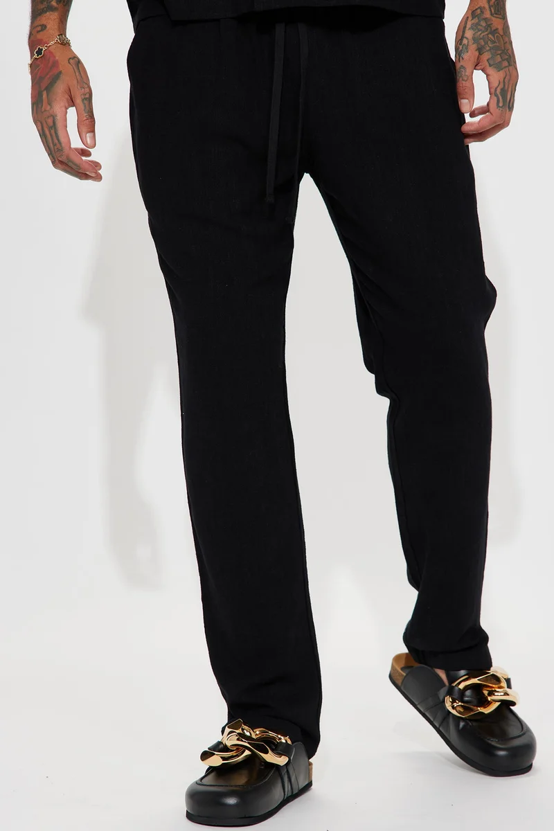 Image of Solid Textured Linen Pull On Side Slit Pants- Black