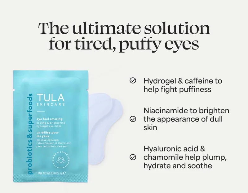 The ultimate solution for tired, puffy eyes. ✅ Hydrogel & caffeine to help fight puffiness ✅ Niacinamide to brighten the appearance of dull skin ✅ Hyaluronic acid & chamomile help plump, hydrate and soothe