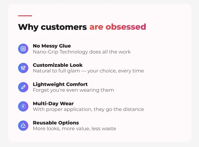 A benefits section listing key features of lash clusters, including no messy glue, customizable looks, lightweight comfort, multi-day wear, and reusable options.