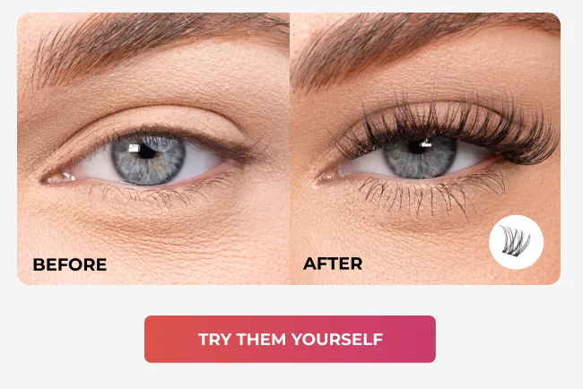 A side-by-side comparison showing natural lashes before and fuller, longer lashes after applying lash clusters, with a “Try Them Yourself” CTA.