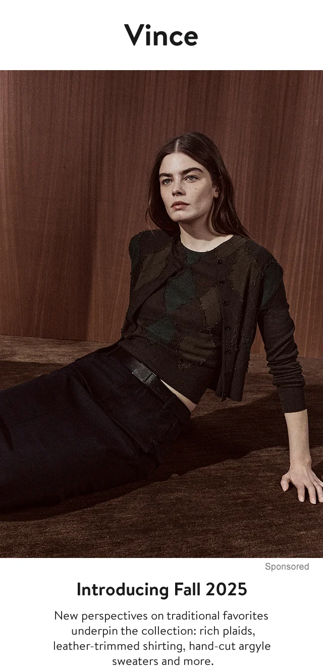 A woman wearing an argyle twinset and suede skirt.