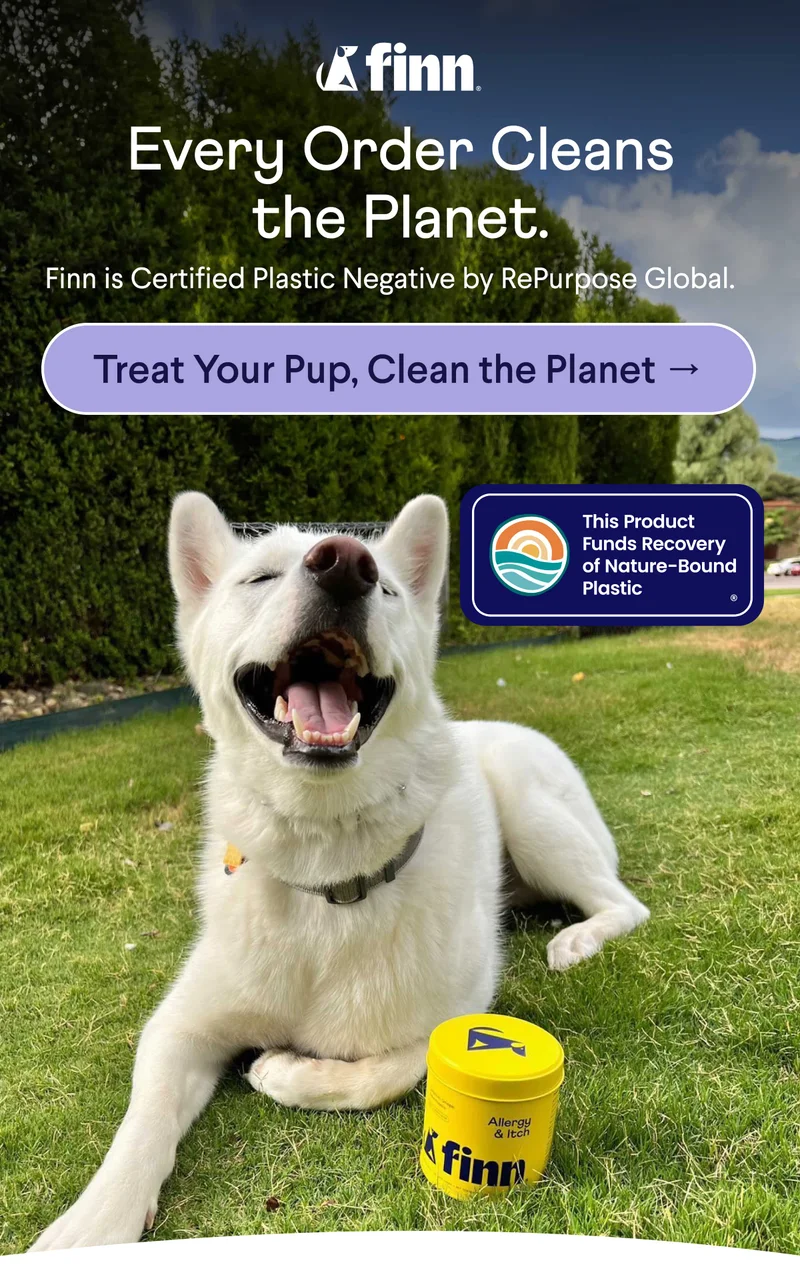 Finn logo. Text: Every Order Cleans the Planet. Finn is Certified Plastic Negative by RePurpose Global. CTA: Treat Your Pup, Clean the Planet –>