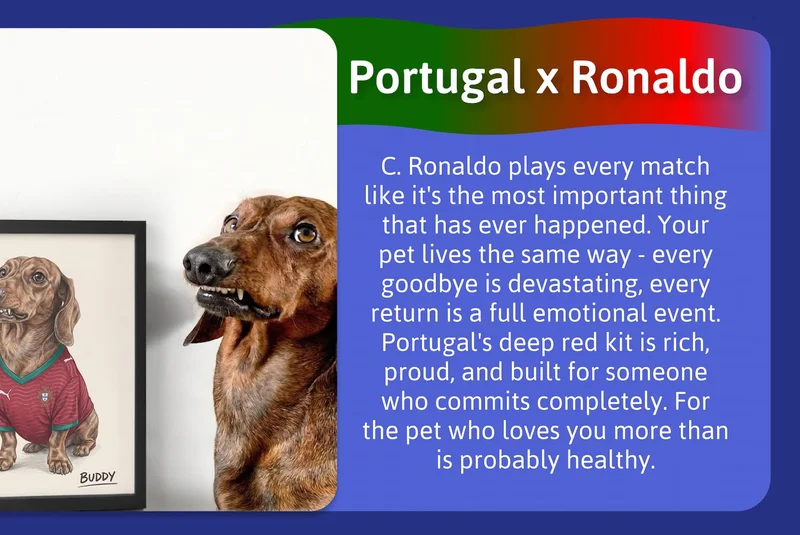 Portugal x Ronaldo - C. Ronaldo plays every match like it's the most important thing that has ever happened. Your pet lives the same way - every goodbye is devastating, every return is a full emotional event. Portugal's deep red kit is rich, proud, and built for someone who commits completely. For the pet who loves you more than is probably healthy.