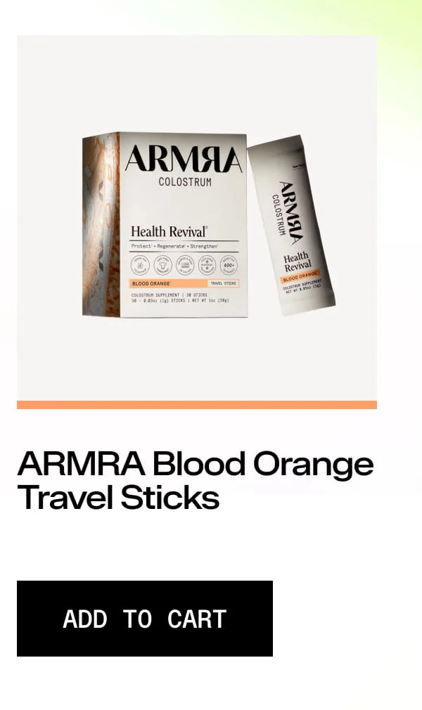 ARMRA Blood Orange Colostrum travel stick packaging with add-to-cart button.