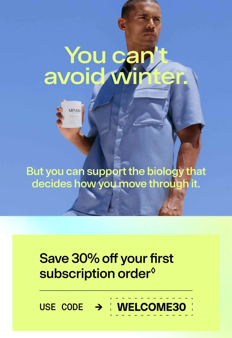 Person holding an ARMRA container against a blue sky with text “You can’t avoid winter.”