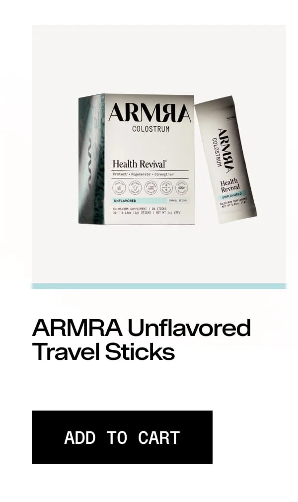 ARMRA Unflavored Health Revival travel sticks and box on a white background with “Add to Cart” button.