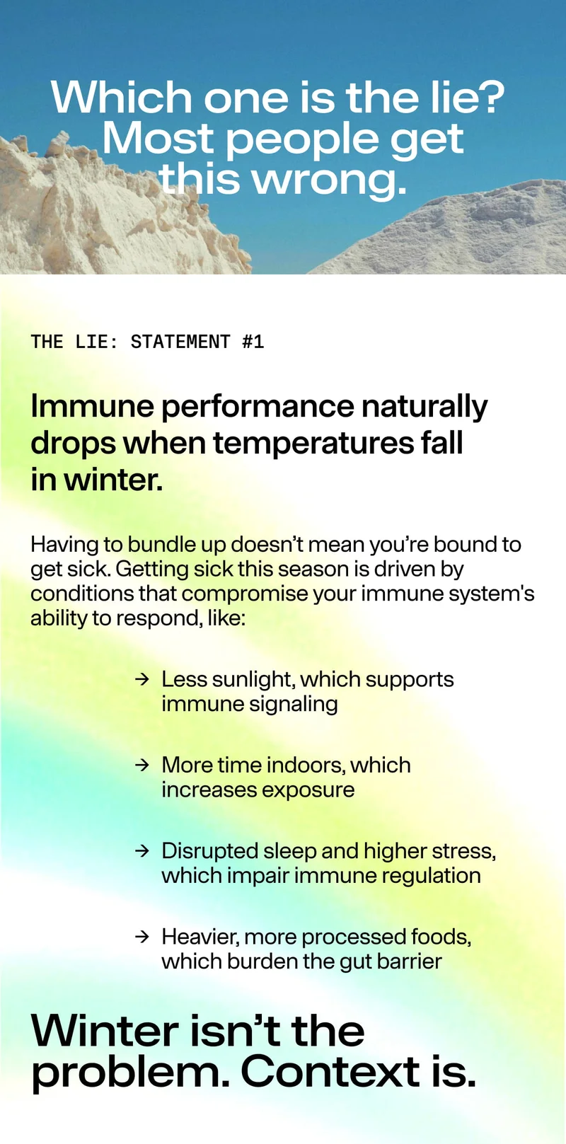 Text explaining that immune performance does not naturally drop in winter, with bullet points about seasonal factors.