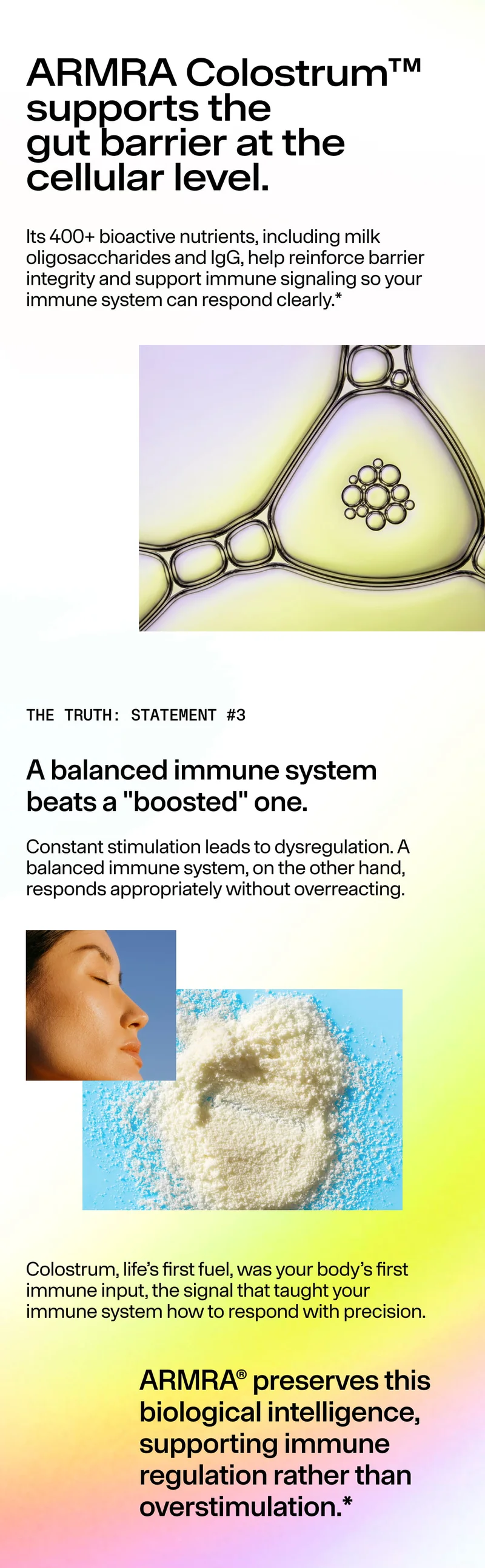 Abstract cellular illustration paired with text about balanced immune systems outperforming boosted ones.