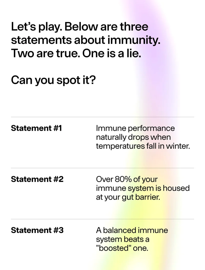 Text introducing a “two truths and a lie” game about immunity with three numbered statements.