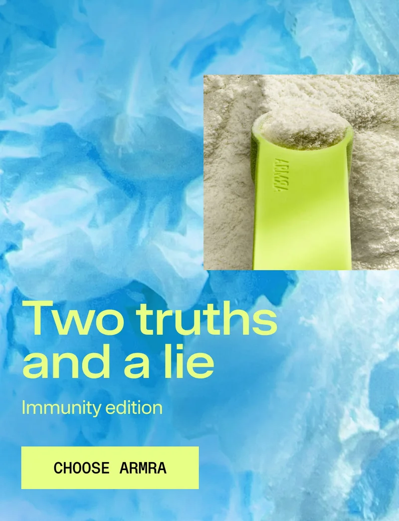 Green scoop filled with colostrum powder on a blue textured background with text “Two truths and a lie, immunity edition” and “Choose ARMRA.”