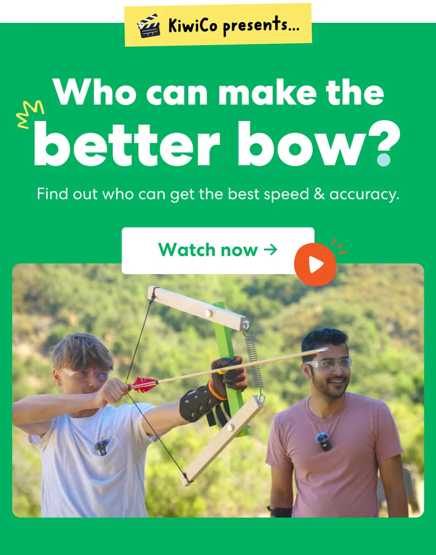 Two people outdoors testing homemade bows. Text: ''Who can make the better bow?''