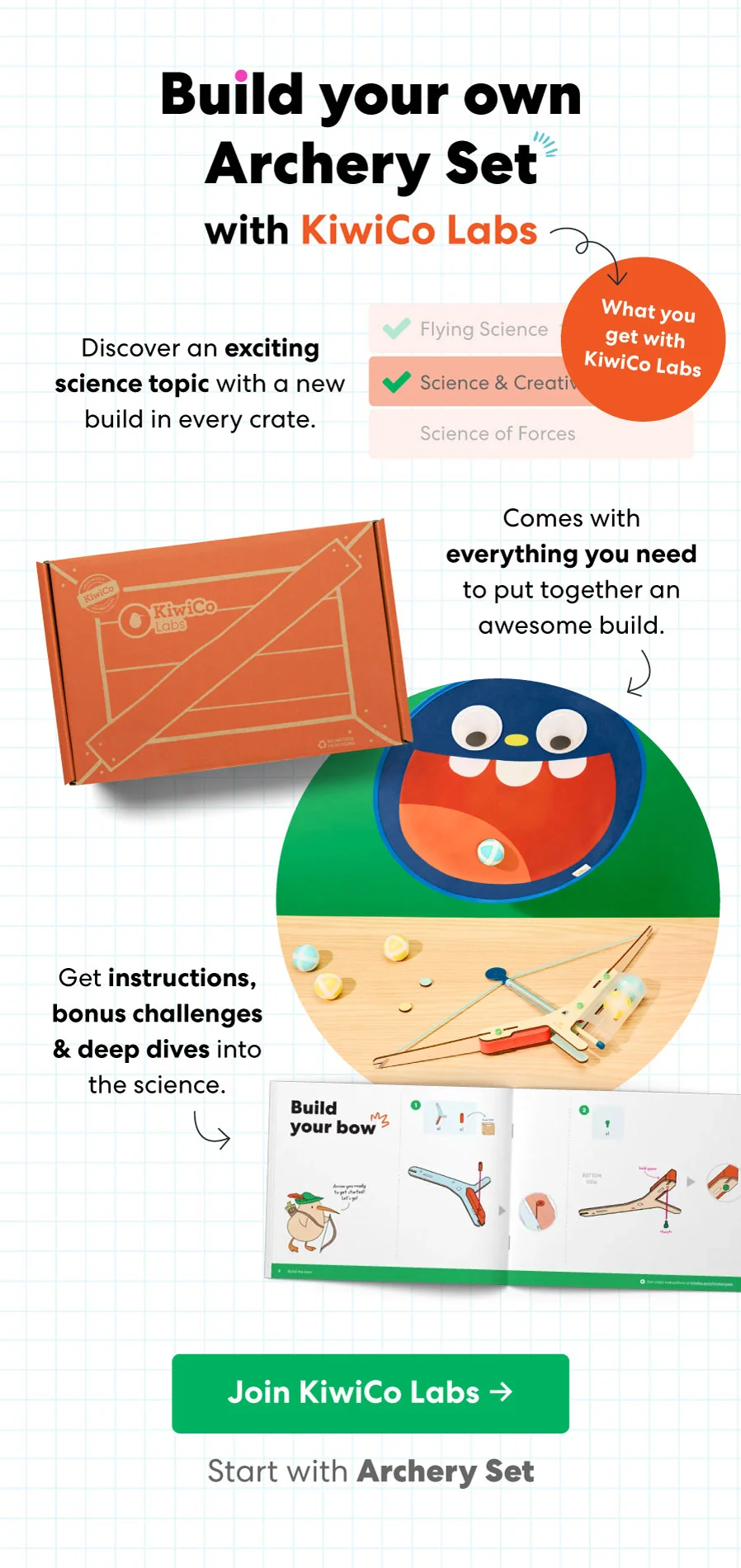 Illustration of an archery set, a KiwiCo crate, and an open instruction booklet. Text: ''Build your own Archery Set with KiwiCo Labs.''
