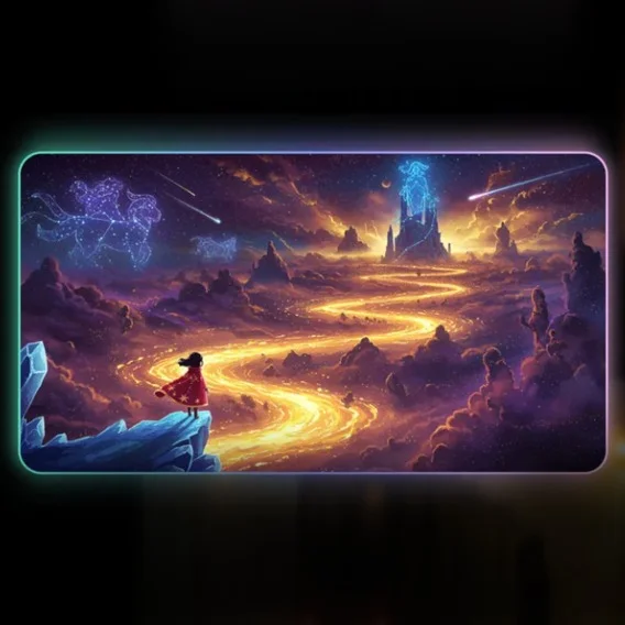 Fantasy artwork depicting a purple and orange landscape with a glowing path, a girl on a cliff, and constellations in the sky.