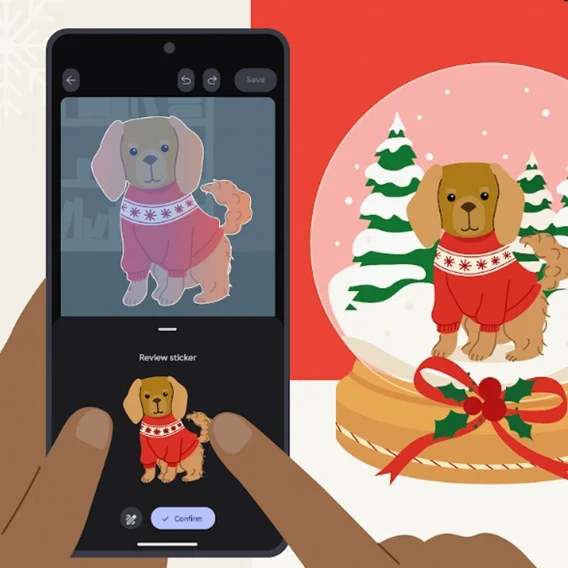 Hand selecting a cartoon dog sticker in a red sweater from an app and placing it into a snow globe illustration with pine trees.