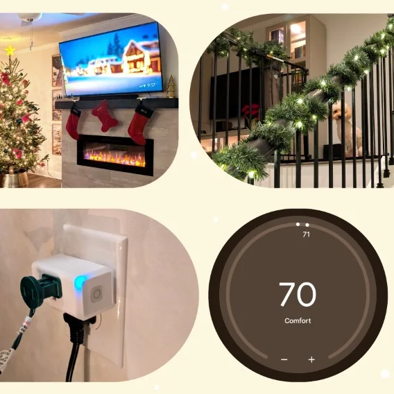 Collage of smart home devices and holiday decorations.