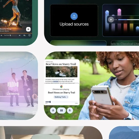 Screenshot of a video editing app interface with an 'Upload sources' button, a video titled 'Best Views on Starry Trail,' and a woman looking at a phone.