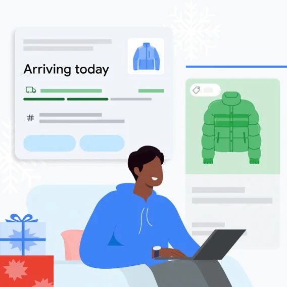 Illustrated person sitting on a couch with a laptop, looking at a package tracking app that says 'Arriving today' for a blue jacket, with a green jacket graphic on the right.