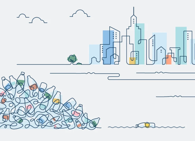 city background with pile of single use bottles