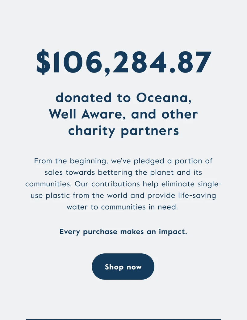 $105,284.87 donated to Oceana, Well Aware, and other charity partners. From the beginning, we've pledged a portion of sales towards bettering the planet and its communities. Every purchase makes an impact.