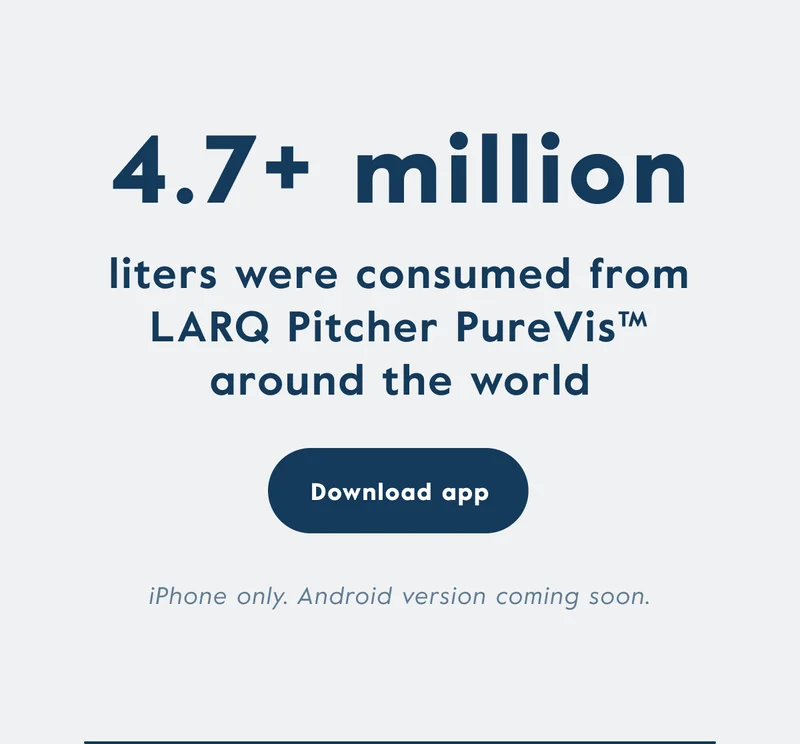 4.7+ million liters were consumed from LARQ Pitcher PureVis™ around the world. Click to download the app