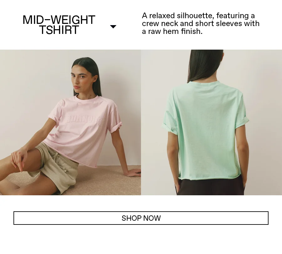 Mid-weight: A relaxed silhouette, featuring a crew neck and short sleeves
