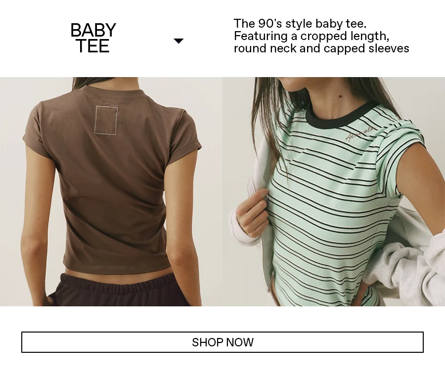 Baby Tee: The 90's style, featuring a cropped length, round neck and capped sleeves