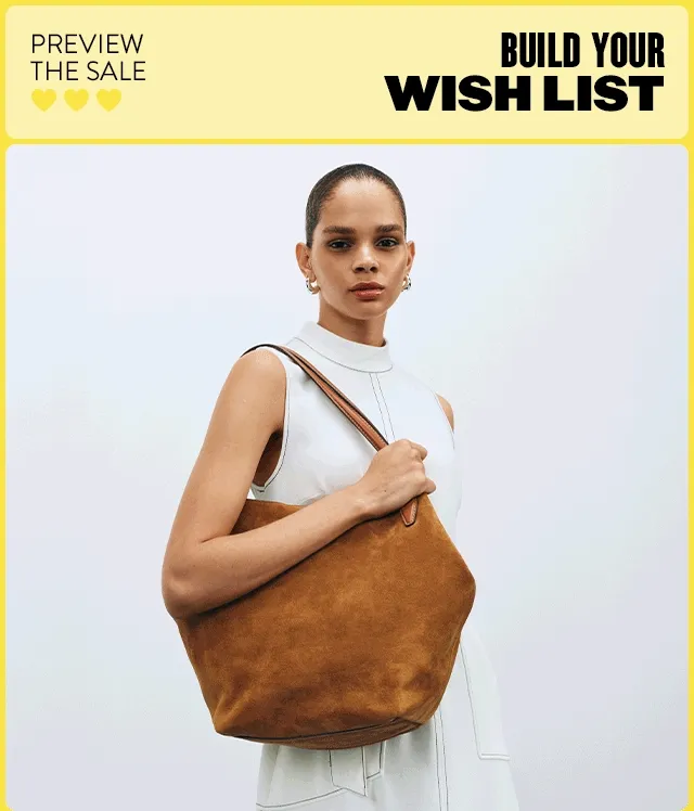 Preview the sale and build your wish list. A woman holding a large bag. A man in a button-up shirt.