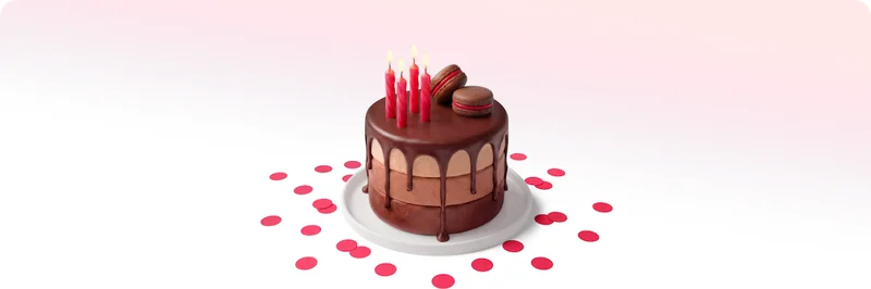 An illustrated chocolate drip cake topped with lit candles and macarons with pink confetti scattered around.