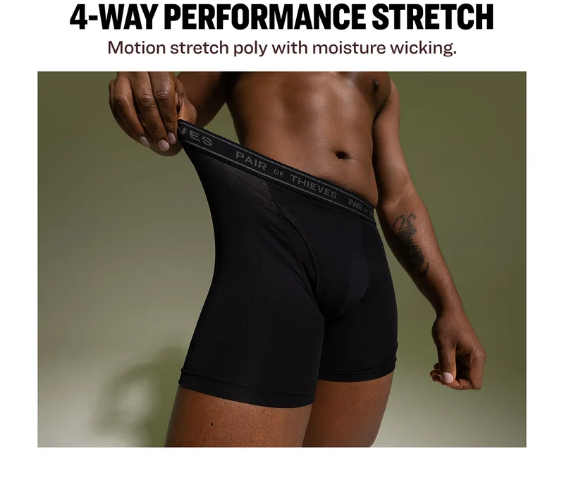 4-Way Performance Stretch Motion stretch poly with moisture wicking.