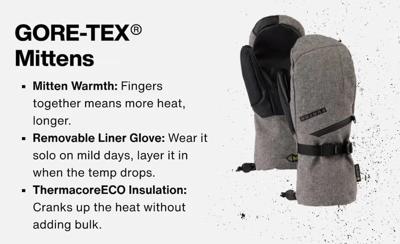 GORE-TEX® Mittens: ThermacoreECO Insulation; Screen Grab® Tech on All Fingers; Removable Liner Glove