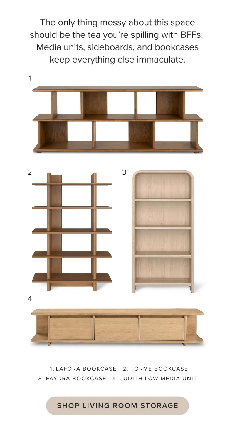 Media units, sideboards, and bookcases keep everything else immaculate. Shop storage.