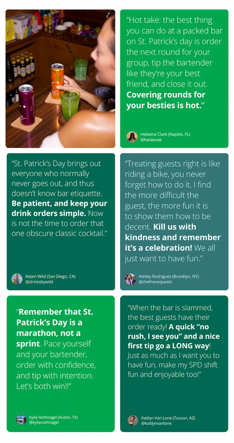 Instagram carousel of tips from bartenders to be a better patron on st. patrick's day