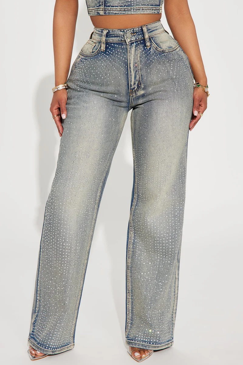 Image of Chasing A Dream Embellished Stretch Straight Leg Jeans - Vintage Wash