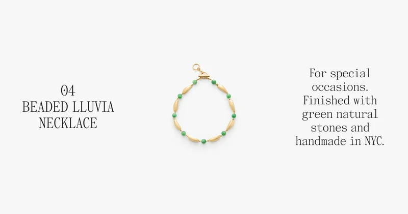 04 BEADED LLUVIA NECKLACE For special occasions. Finished with green natural stones and handmade in NYC.