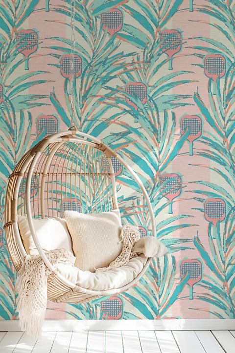 Sunday Social Club Pickleball Striped Palm Leaf Grasscloth Wallpaper