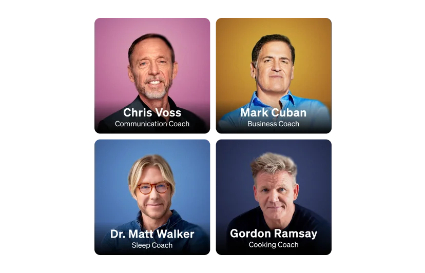 AI Coaching Interface - Expert mentors including Chris Voss, Mark Cuban, Gordon Ramsay, and Dr. Matt Walker