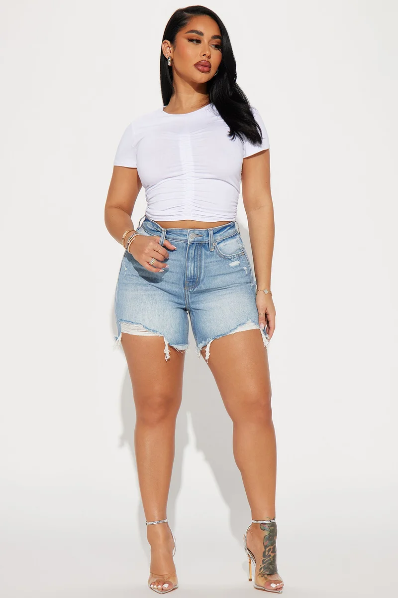 Image of Hallie Hybrid Ripped Denim Shorts - Light Wash