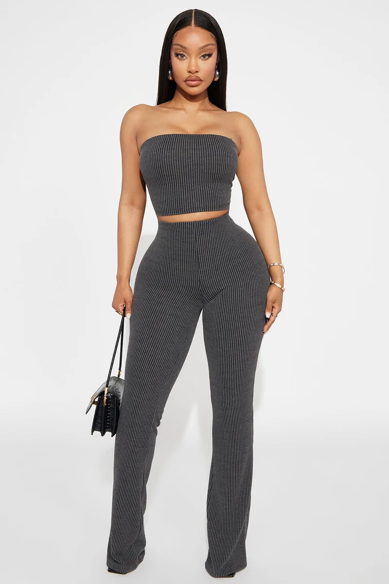 Image of Reya Ribbed Pant Set - Charcoal