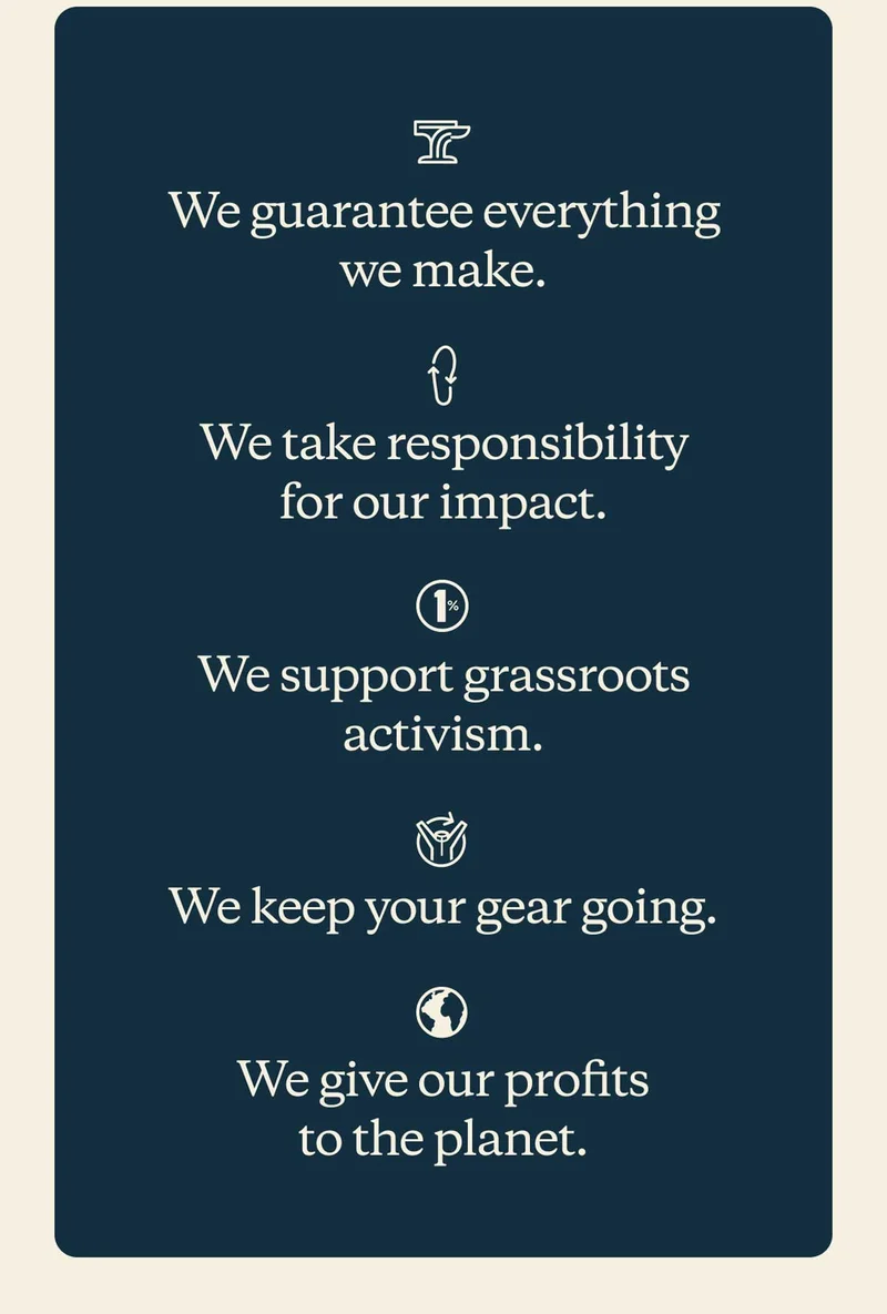 We guarantee everything we make. We take responsibility for our impact. We support grassroots activism. We keep your gear going. We give our profits to the planet.