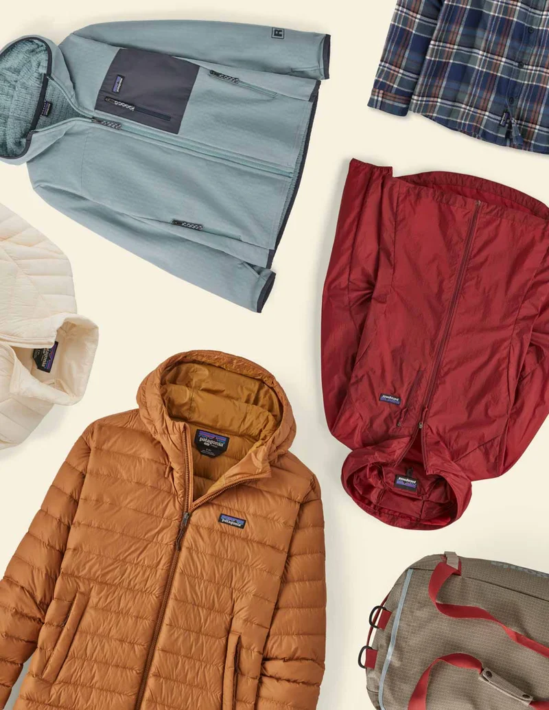 An assortment of jackets, fleece, bags and more.