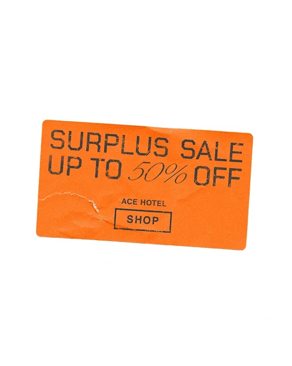 Animated GIF promoting the Ace Shop's Labor Day Surplus Sale. The sale features discounts of up to 50% on a selection of items, including bath products, pool essentials, fleece apparel, and carrying accessories. The text encourages viewers to shop now, with the sale available online through September 2.