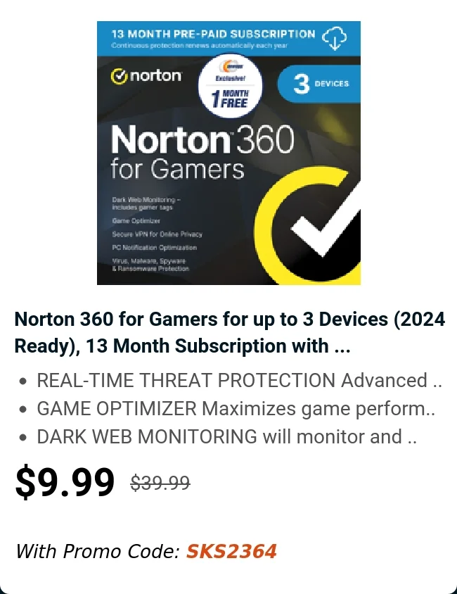 Norton 360 for Gamers for up to 3 Devices (2024 Ready), 13 Month Subscription with ...