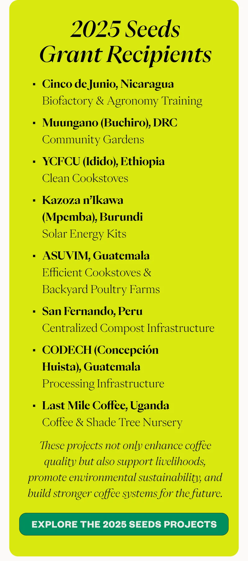 2025 Seeds Grant Recipients2025 Seeds Grant Recipients Cinco de Junio, Nicaragua – Biofactory & Agronomy Training Muungano (Buchiro), DRC – Community Gardens YCFCU (Idido), Ethiopia – Clean Cookstoves (Apollo Highlight)] Kazoza n’Ikawa (Mpemba), Burundi – Solar Energy Kits ASUVIM, Guatemala – Efficient Cookstoves & Backyard Poultry Farms San Fernando, Peru – Centralized Compost Infrastructure CODECH (Concepción Huista), Guatemala  – Processing Infrastructure Last Mile Coffee, Uganda – Coffee & Shade Tree Nursery  These projects not only enhance coffee quality but also support livelihoods, promote environmental sustainability, and build stronger coffee systems for the future.  CTA: Explore the 2025 Seeds projects  Seeds Spotlight: YCFCU Clean Cookstoves