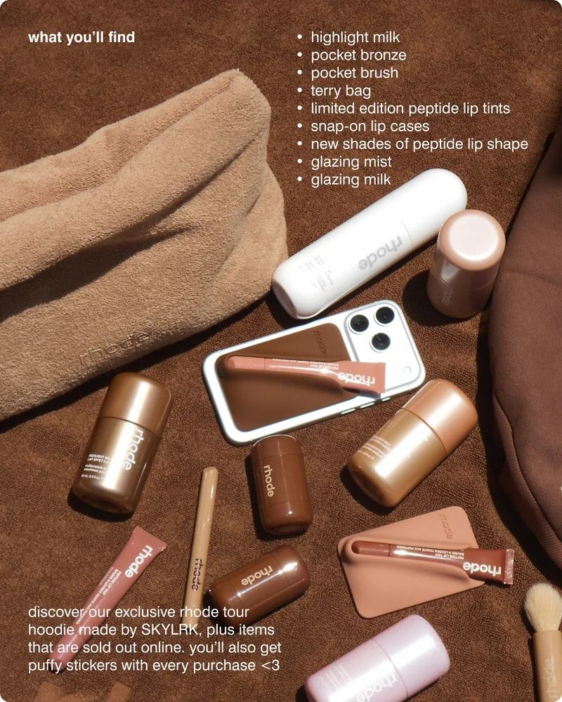 what you'll find - highlight milk​, pocket bronze, terry bag, pocket brush, limited edition peptide lip tints, snap-on lip cases​, new shades of peptide lip shape​, glazing mist, and glazing milk​. discover our exclusive rhode tour hoodie made by SKYLRK, plus items that are sold out online. you’ll also get puffy stickers with every purchase <3