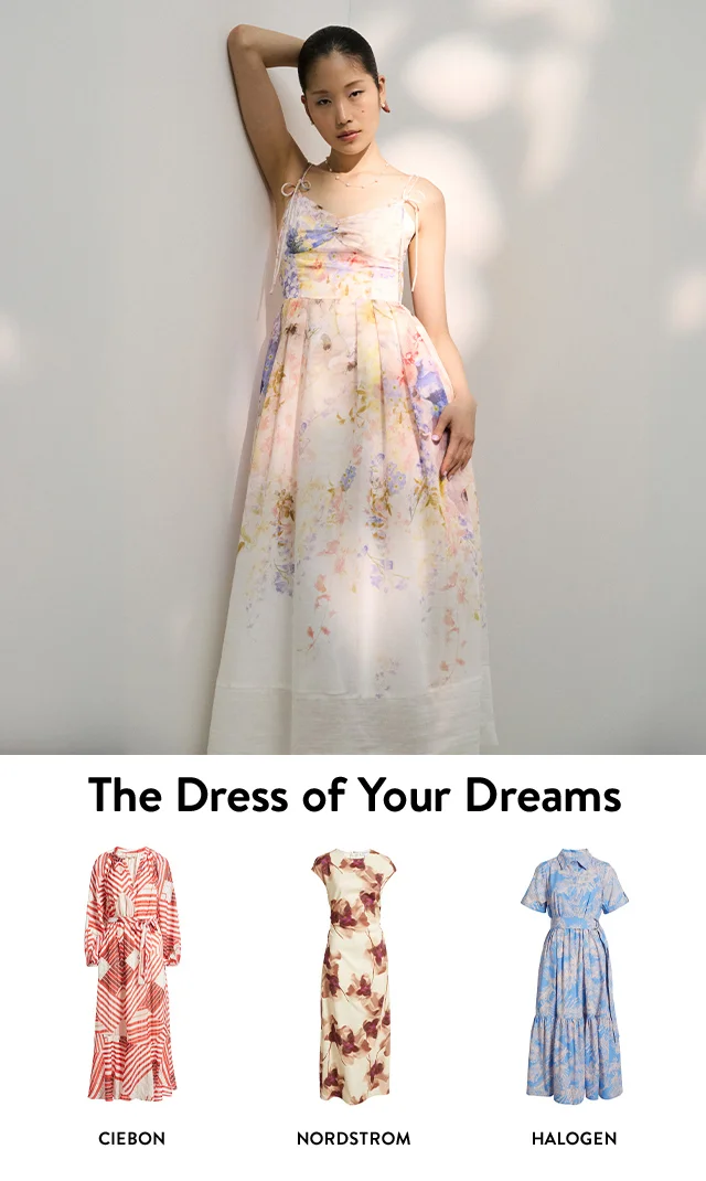 A woman wearing a floral-print dress. Three colorful dresses.