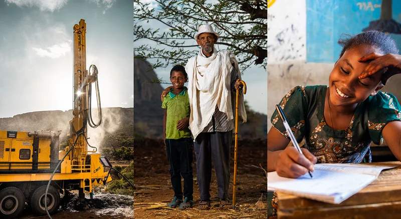 Collage of a drilling rig, an older man standing with a young boy, and a young girl smiling as she writes at her desk.