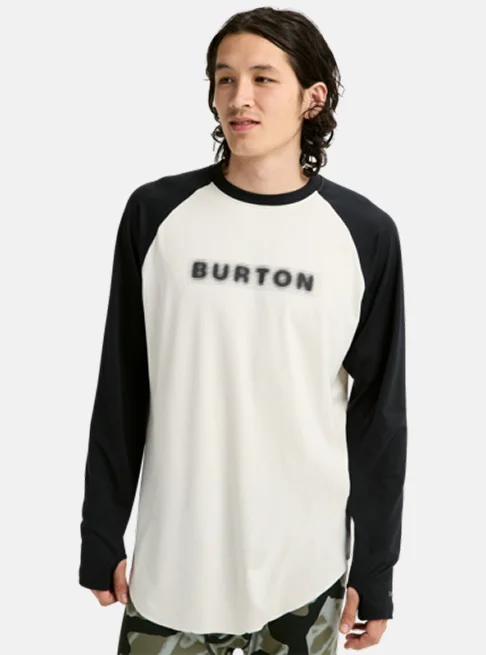The Men's Burton Roadie Base Layer Tech T-Shirt in white and black with Burton in a blurred font