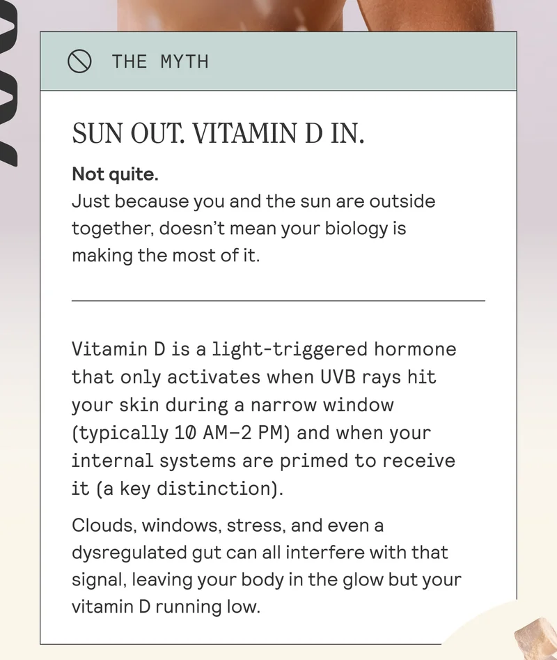 SUN OUT. VITAMIN D IN.  Not quite.  Just because you and the sun are outside together, doesn’t mean your biology is making the most of it.
